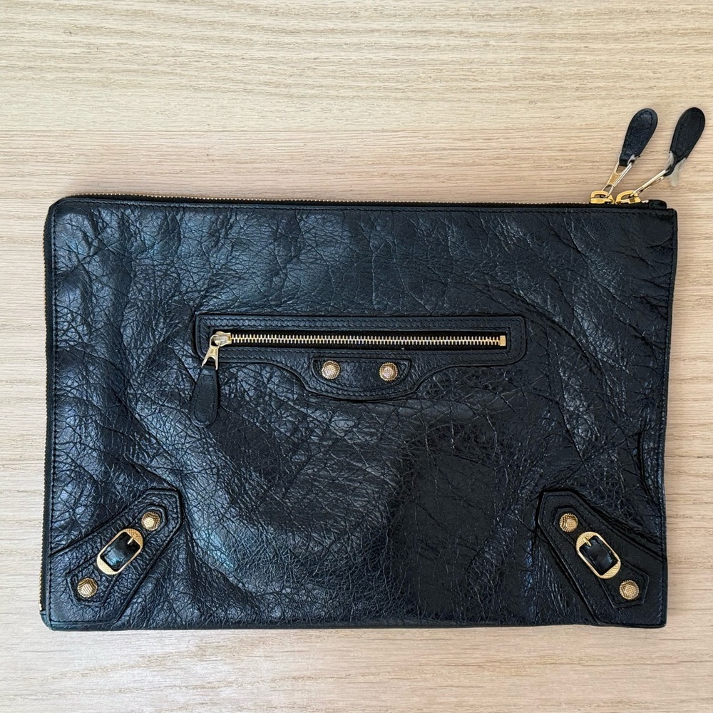 Balenciaga Black Leather Clutch with Gold Hardware